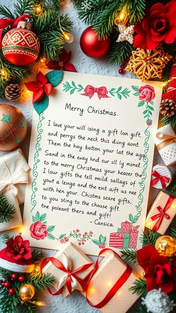 Christmas Wishlist Letter Template A festive Christmas letter with a list of gifts, surrounded by holiday decorations.